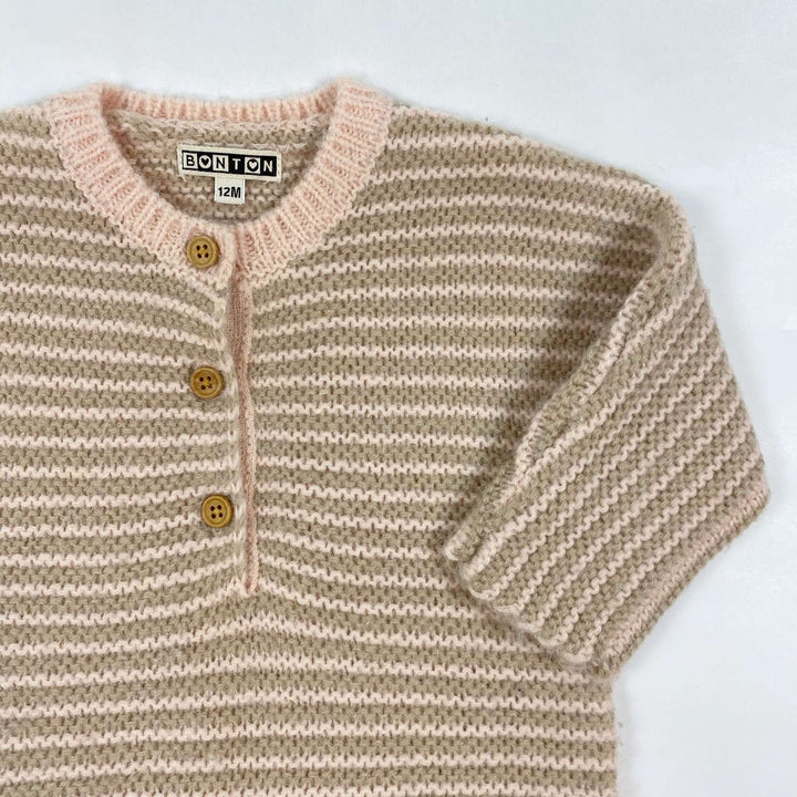 Bonton soft beige/pink knitted wool alpaca blend jumpsuit 12M 2
