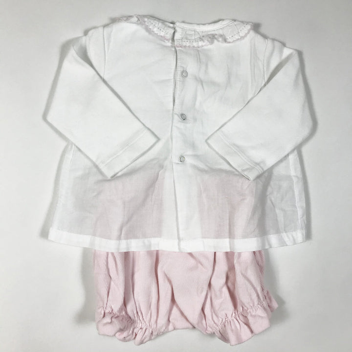 Laranjinha Einteiler mit weisser Bluse und rosa Kord-Pumphosen 3M