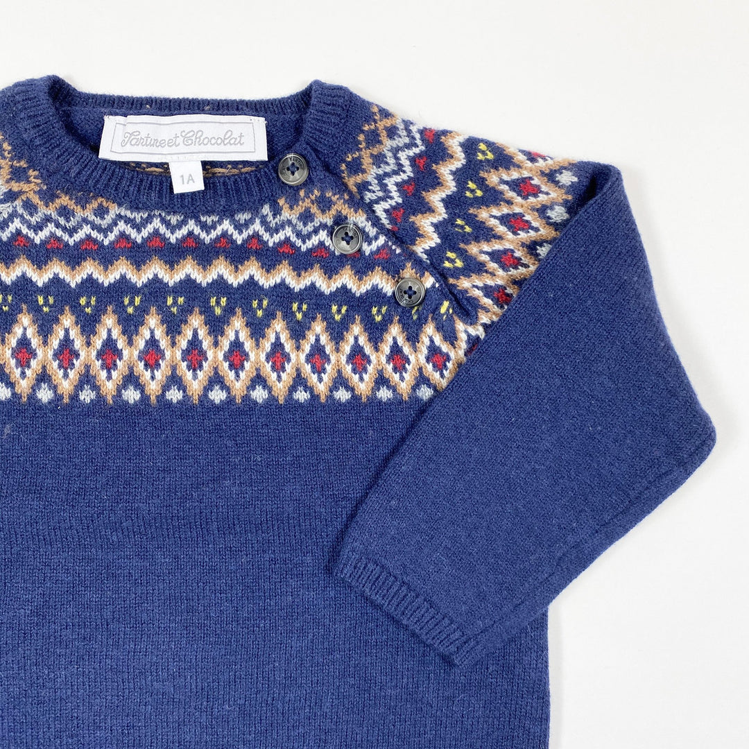Tartine et Chocolat blue jacquard knit cashmere pullover 1A