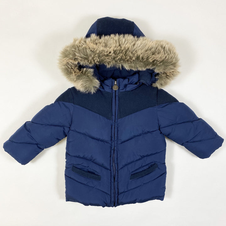 Jacadi navy hooded winter jacket with faux fur and suede detailing 1Y
