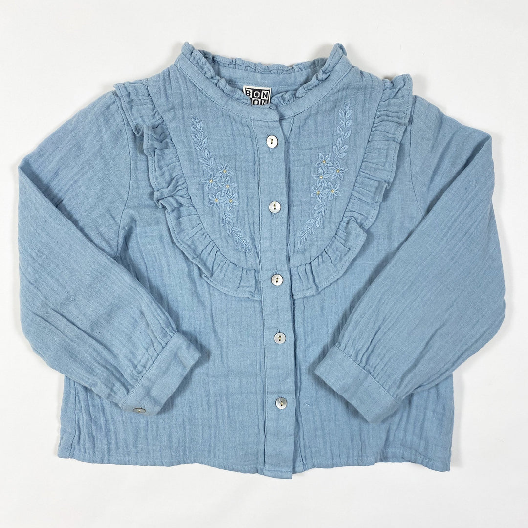 Bonton blue blouse with ruffles and embroidered flowers 4Y