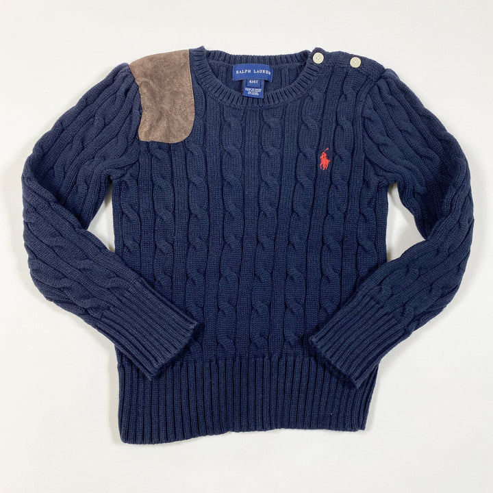 Ralph Lauren navy cable knit pullover with suede patch 4Y