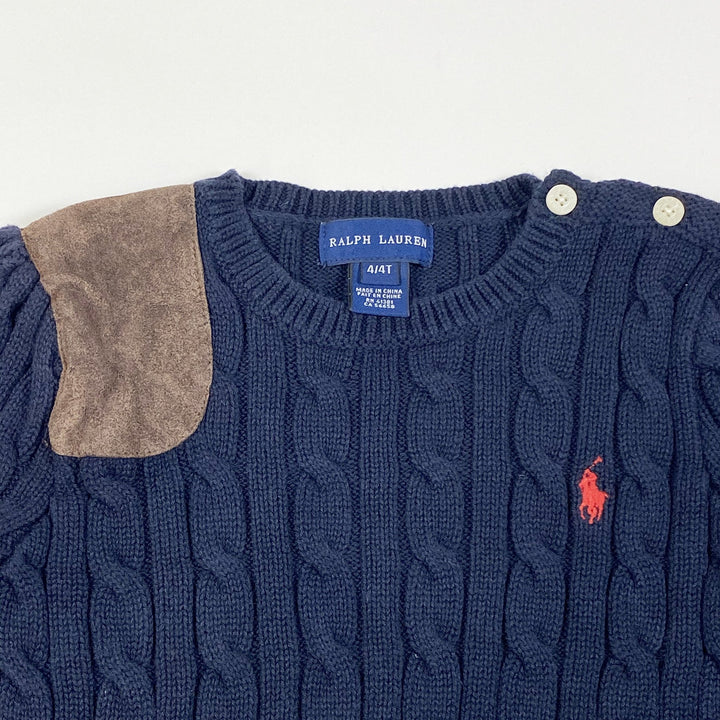 Ralph Lauren navy cable knit pullover with suede patch 4Y