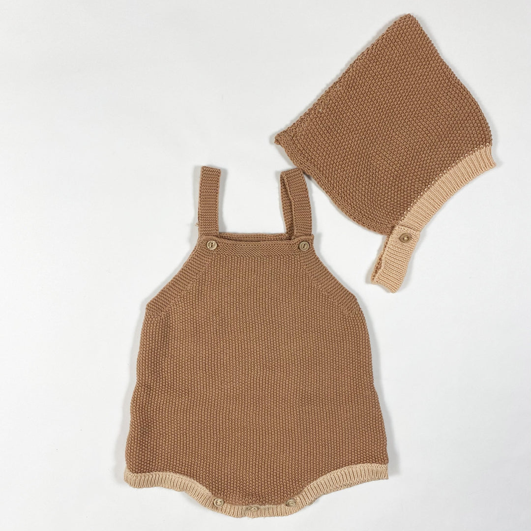 Zara caramel knitted cotton romper & bonnet set 12-18M
