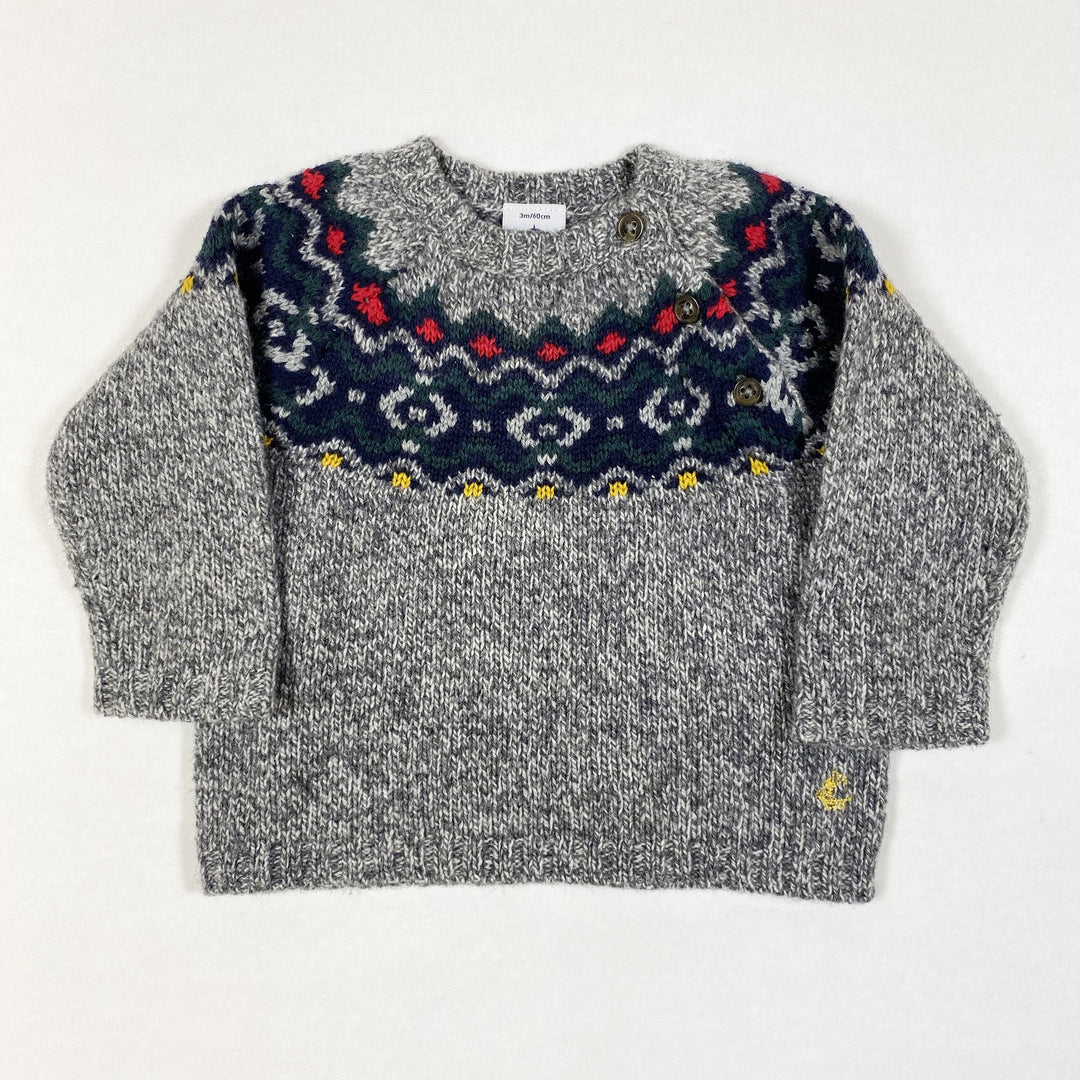 Petit Bateau grauer Strickpullover mit traditionellem Muster 3M/60