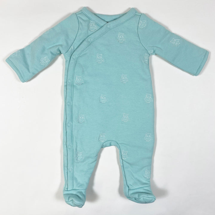 Janie and Jack turquoise warm padded pyjamas with embroidered owls and feet NB