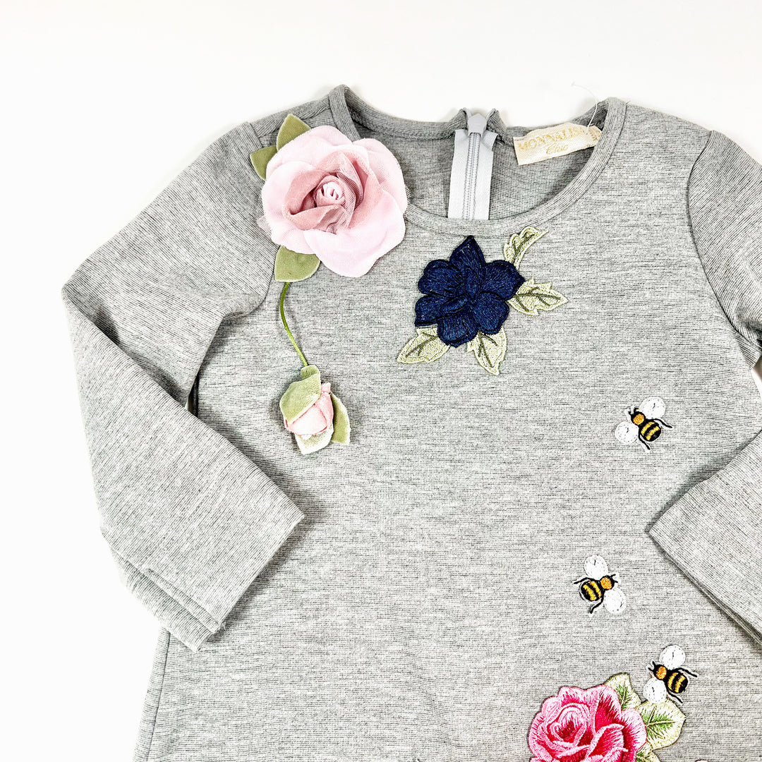 Monnalisa grey 3D floral applications dress 4Y 2