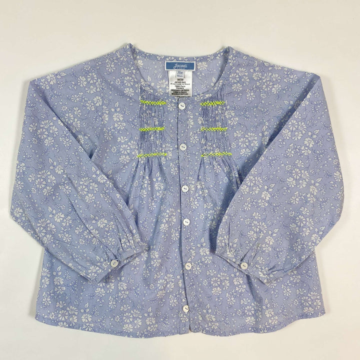 Jacadi pale blue floral smocked blouse with neon green detail 36M/96 1