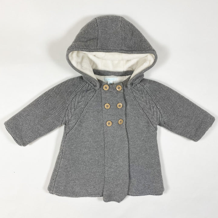 Obaïbi graue dicke Strickjacke mit abnehmbarer Kapuze und Kunstfellfutter 12M/74