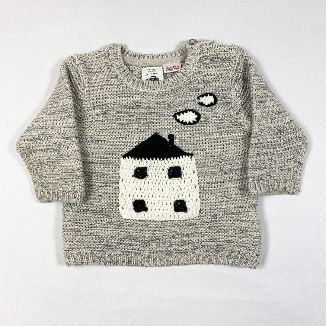 Zara melange grey knit jumper with crocheted house application 6-9M/74