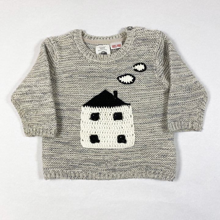 Zara melange grey knit jumper with crocheted house application 6-9M/74