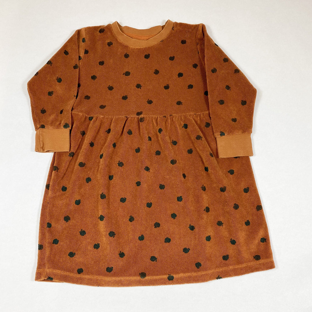 Tinycottons brown terry cloth dress with blue apple print 4Y