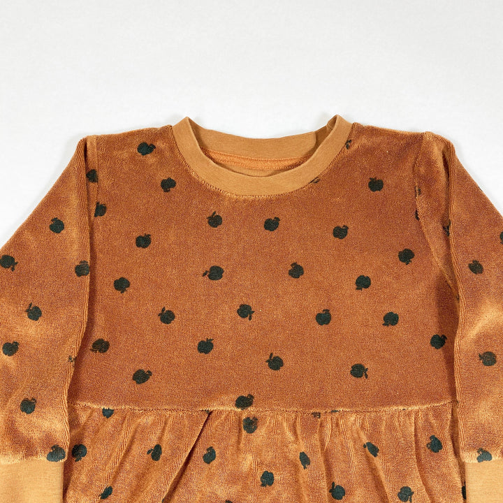 Tinycottons brown terry cloth dress with blue apple print 4Y