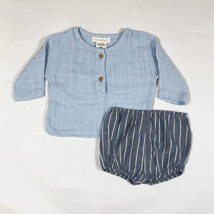 Serendipity baby blue muslin long-sleeved shirt and blue striped bloomers 3M/62