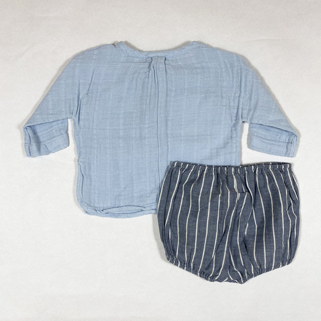 Serendipity baby blue muslin long-sleeved shirt and blue striped bloomers 3M/62