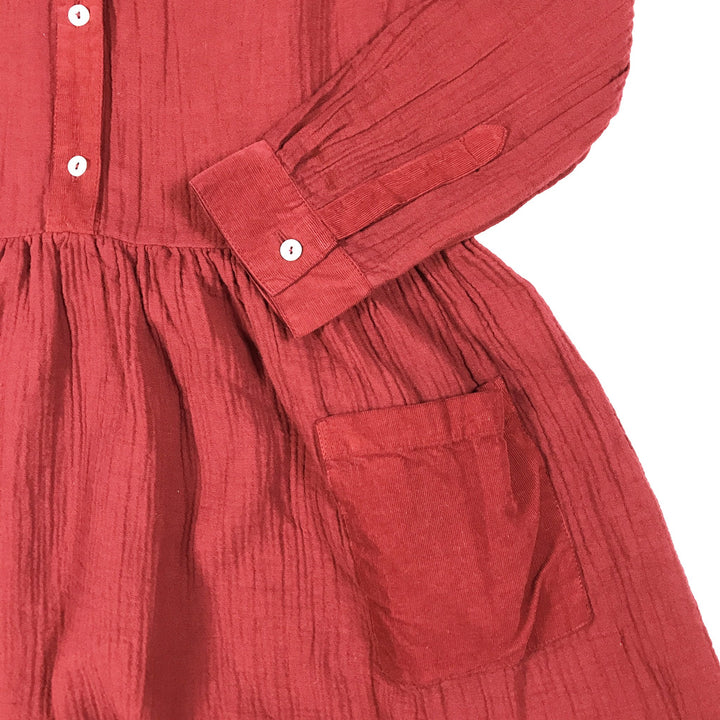 Bonton red muslin long-sleeved dress with pockets Second Season 8Y