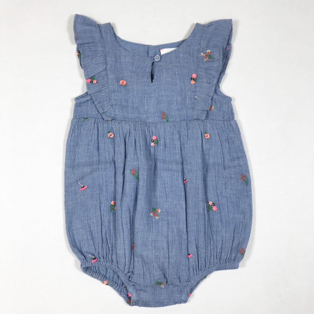 Bonheur du Jour blue flower embroidered romper with ruffles