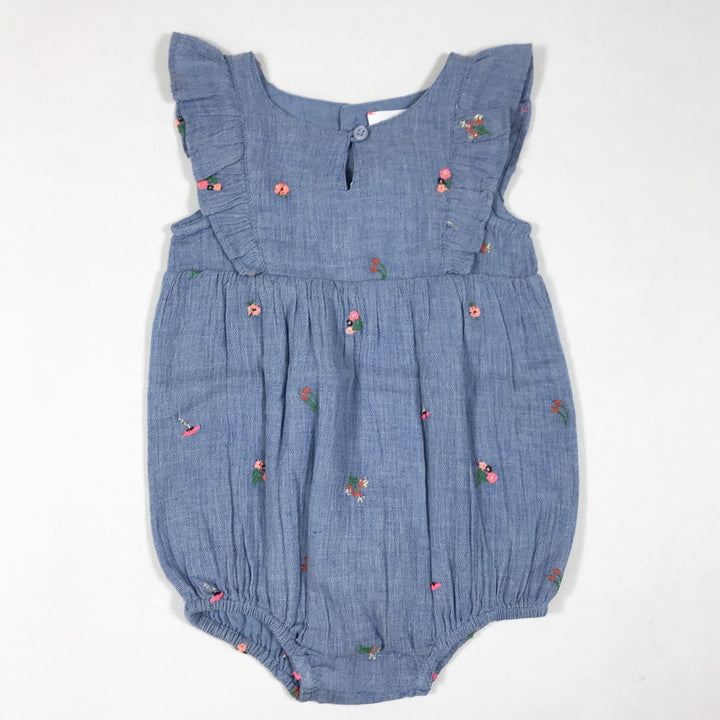 Bonheur du Jour blue flower embroidered romper with ruffles