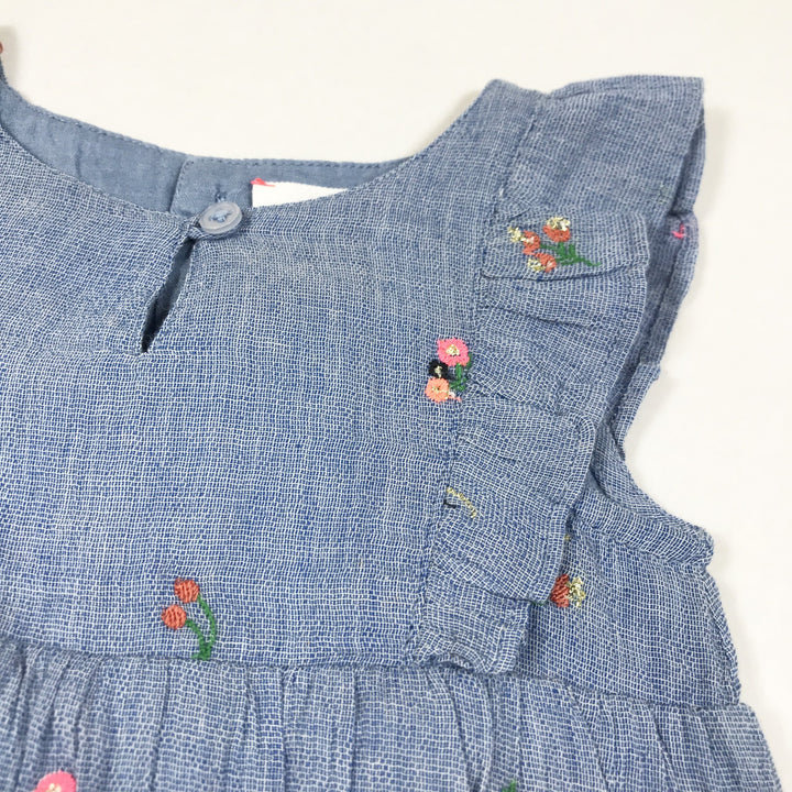 Bonheur du Jour blue flower embroidered romper with ruffles
