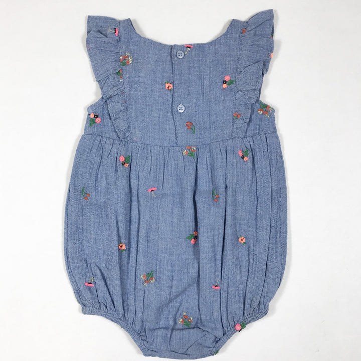 Bonheur du Jour blue flower embroidered romper with ruffles