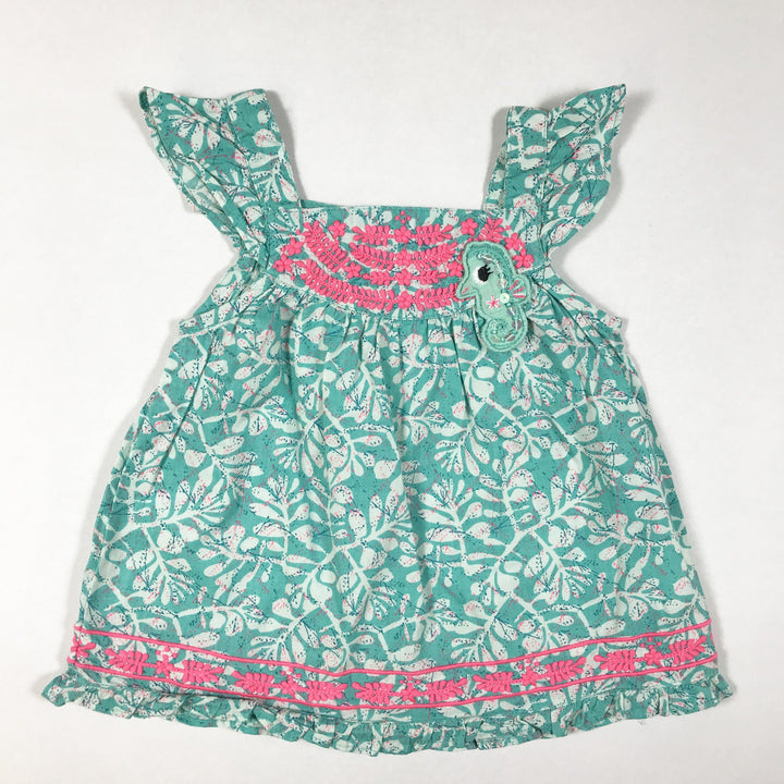 Du Pareil Au Même turquoise sleeveless sundress with pink embroidery 6M/67
