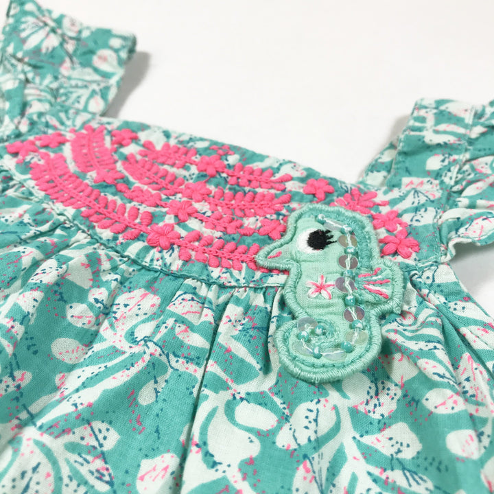 Du Pareil Au Même turquoise sleeveless sundress with pink embroidery 6M/67