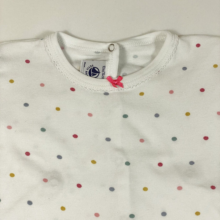 Petit Bateau weisser langärmeliger Schlafanzug mit Füssen und bunten Tupfen 12M/74