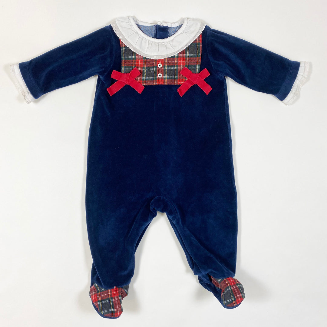 Laranjinha midnight blue velvet pyjamas with tartan detailing and collar 6M