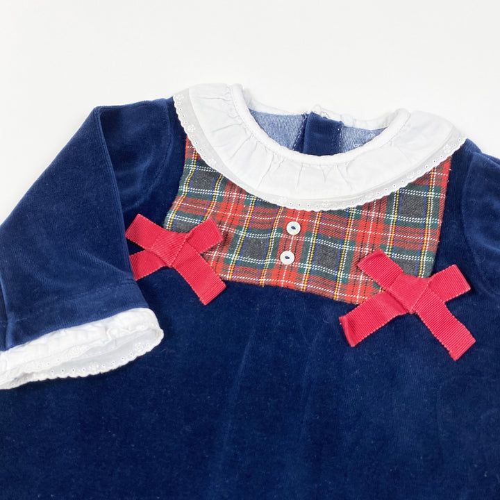 Laranjinha midnight blue velvet pyjamas with tartan detailing and collar 6M