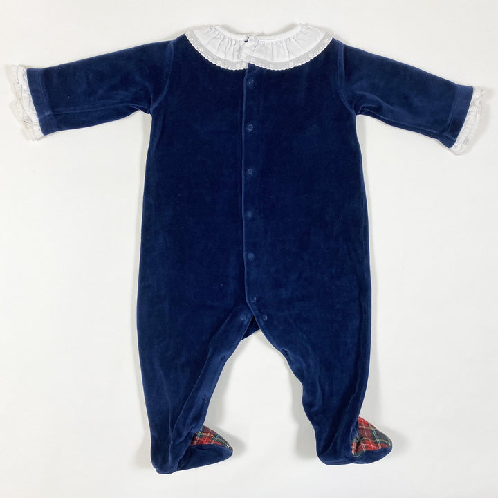 Laranjinha midnight blue velvet pyjamas with tartan detailing and collar 6M