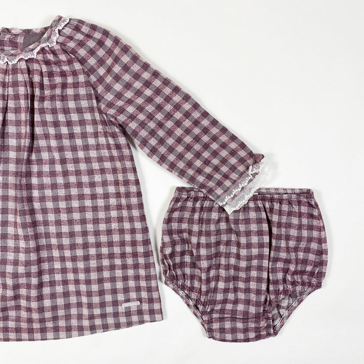 Pili Carrera soft purple checked long-sleeved dress and bloomer set with lace detailing 18M/82-88