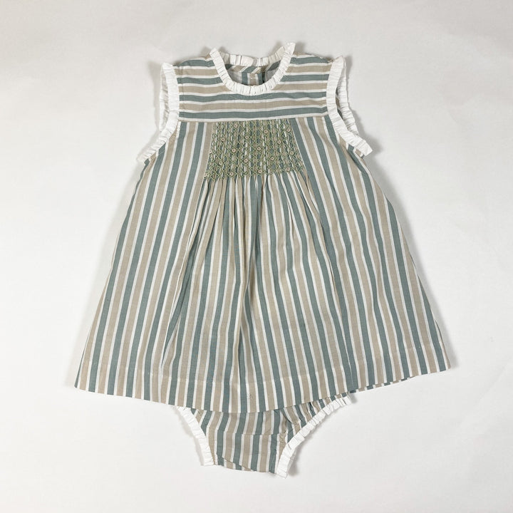 Patricia Mendiluce green and beige smocked sleeveless dress and bloomer set 9-12M
