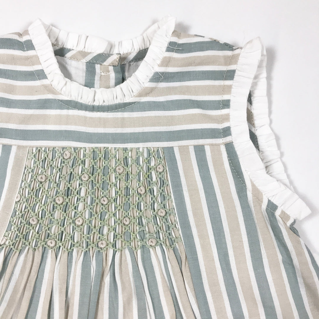 Patricia Mendiluce green and beige smocked sleeveless dress and bloomer set 9-12M