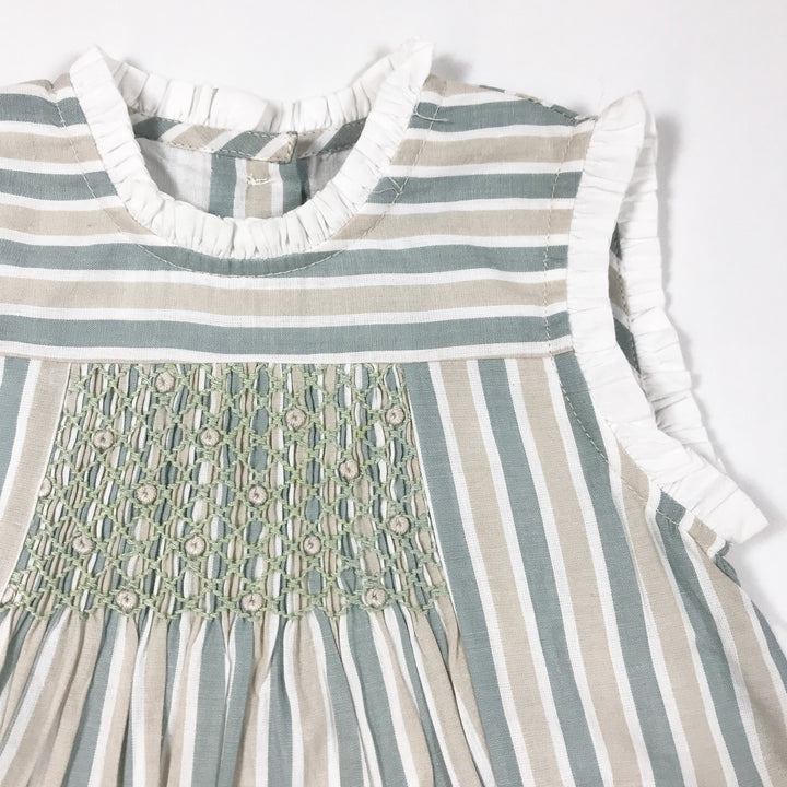 Patricia Mendiluce green and beige smocked sleeveless dress and bloomer set 9-12M